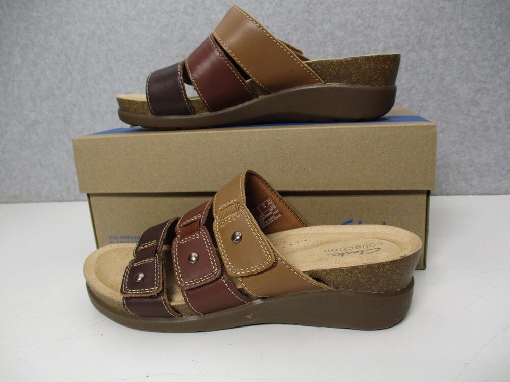 Clarks Calenne Lily Shoes Womens Size 8 Brown Multi Wedge Slide Sandals Comfort